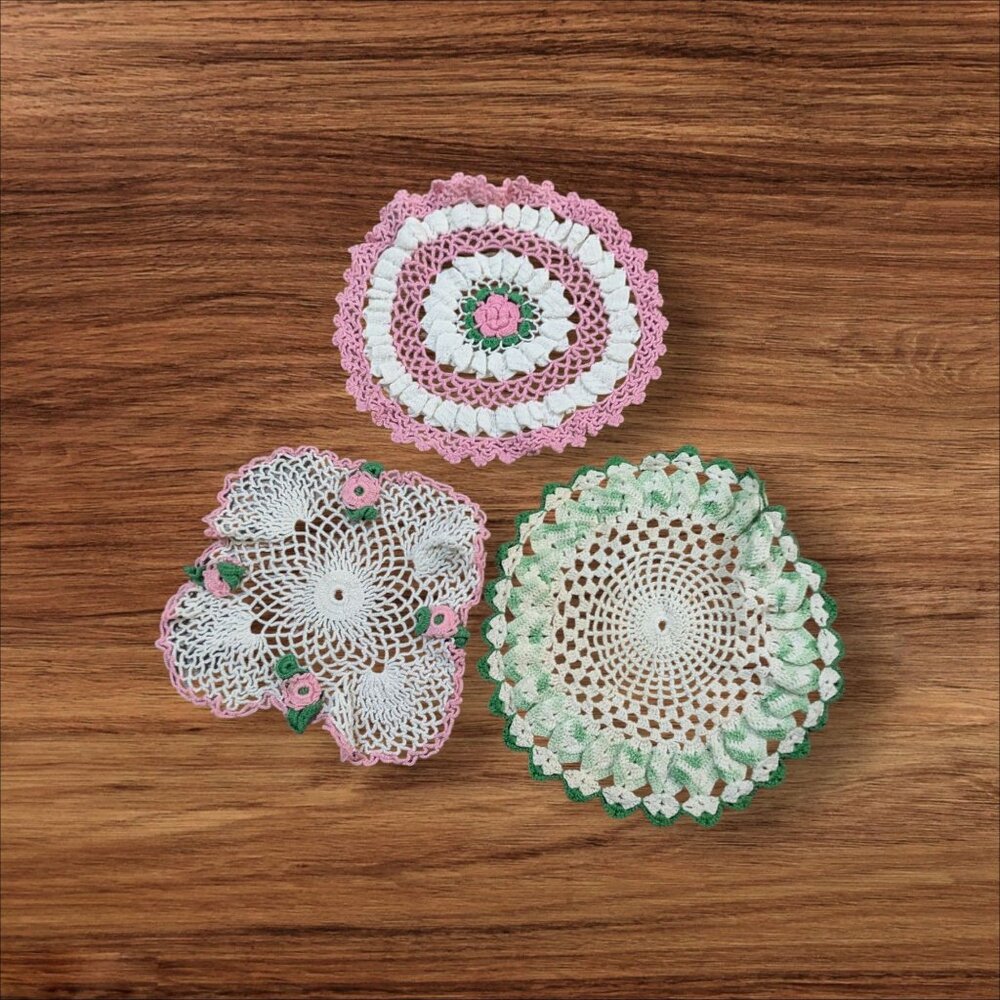 Handmade Crochet Lace Doilies Set Of 3 Pink White  Green Floral Patterns Estate